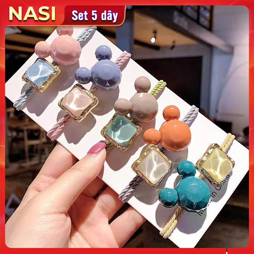 Dây buộc tóc nữ hình gấu đính đá vuông [Set 5 dây] NASI bền đẹp phong cách hàn quốc thun cột tóc nữ co giãn tốt phụ kiện tóc