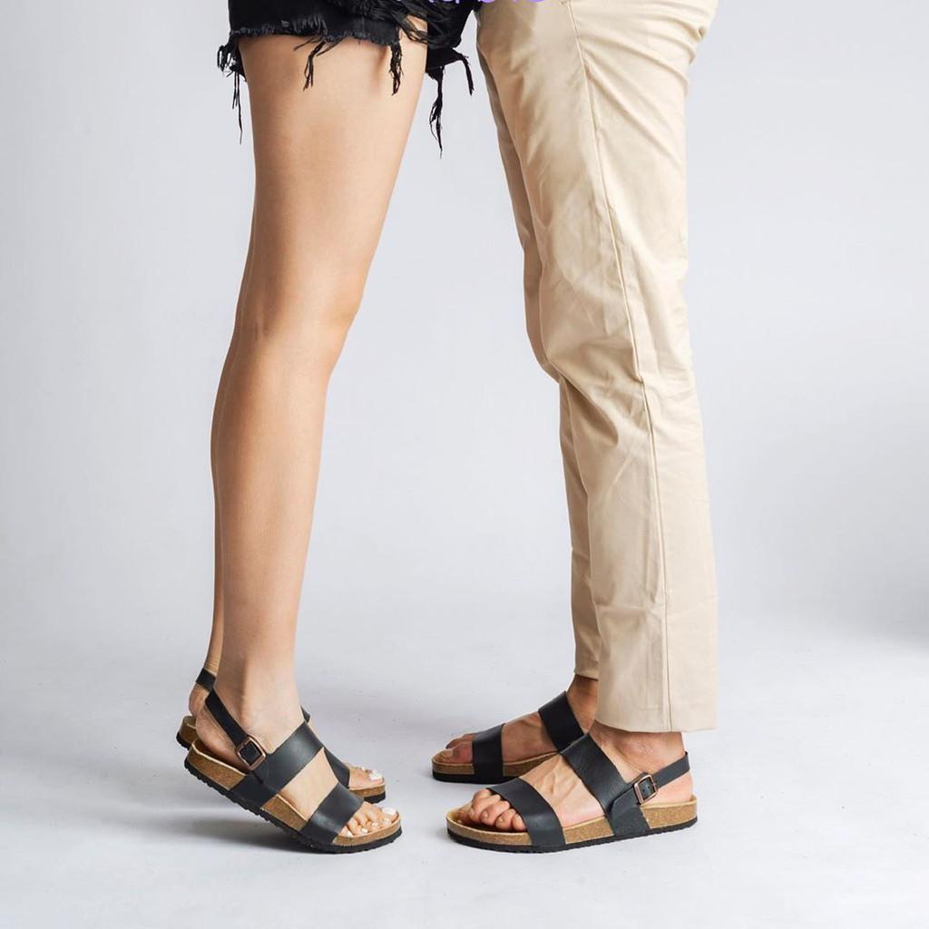 Giày Sandal Unisex HuuCuong 2 quai đen đế trấu