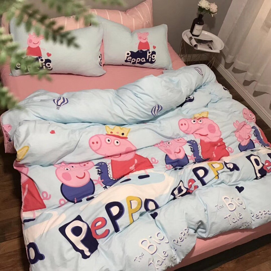 Bộ Vỏ Chăn Ga Gối Cotton Đũi Cao Cấp Họa Tiết Heo Peppa