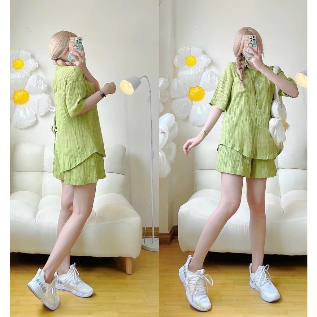 Bộ Áo Sơ Mi Cộc Tay Dây Buộc Lưng Quần Short Dáng Thụng Vải Đũi Gân