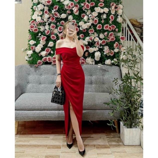 Đầm maxi bẹt vai xẻ đùi ivy fashion chất phi thun lụa - MS240Y đi biển dự tiệc dạo phố bigsize gợi cảm sexy