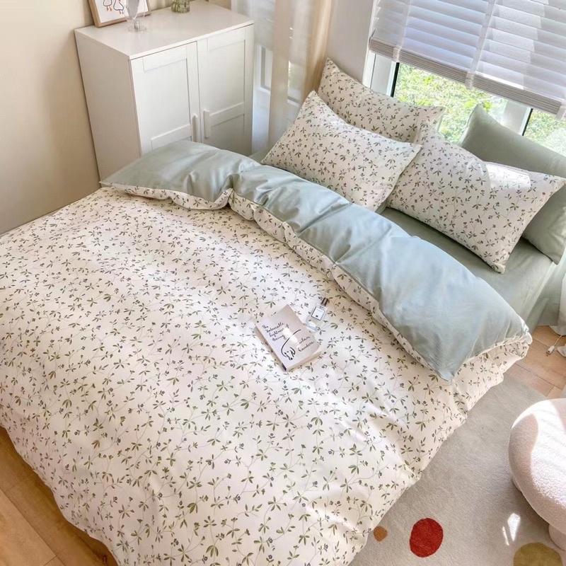 Bộ Chăn Ga Gối Cotton Living Hàng Nhập Khẩu Cao Cấp 4 Món Lá Xanh
