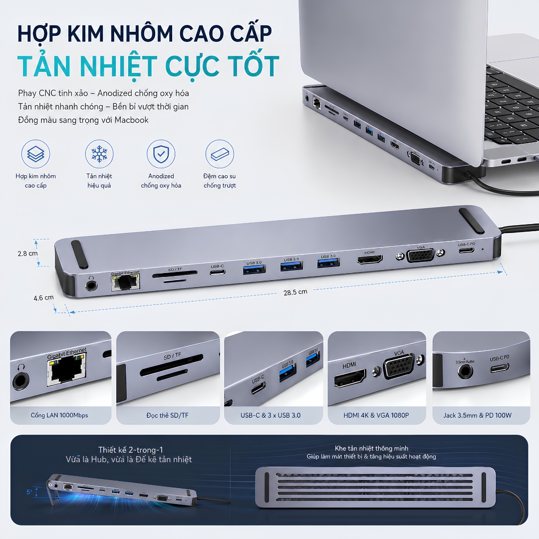 Hub Type-C PD 100W chuyển đa năng DockSphere Pro kiêm giá đỡ Choetech M20 Docking Station 11 in 1 USB-C cho Macbook/Laptop - HDMI 4K, VGA, PD 100W, RJ45 Gigabit, USB 3.0 5Gbps, SD/TF, AUX 3.5mm Vỏ nhôm, tối ưu tản nhiệt - Hàng nhập khẩu