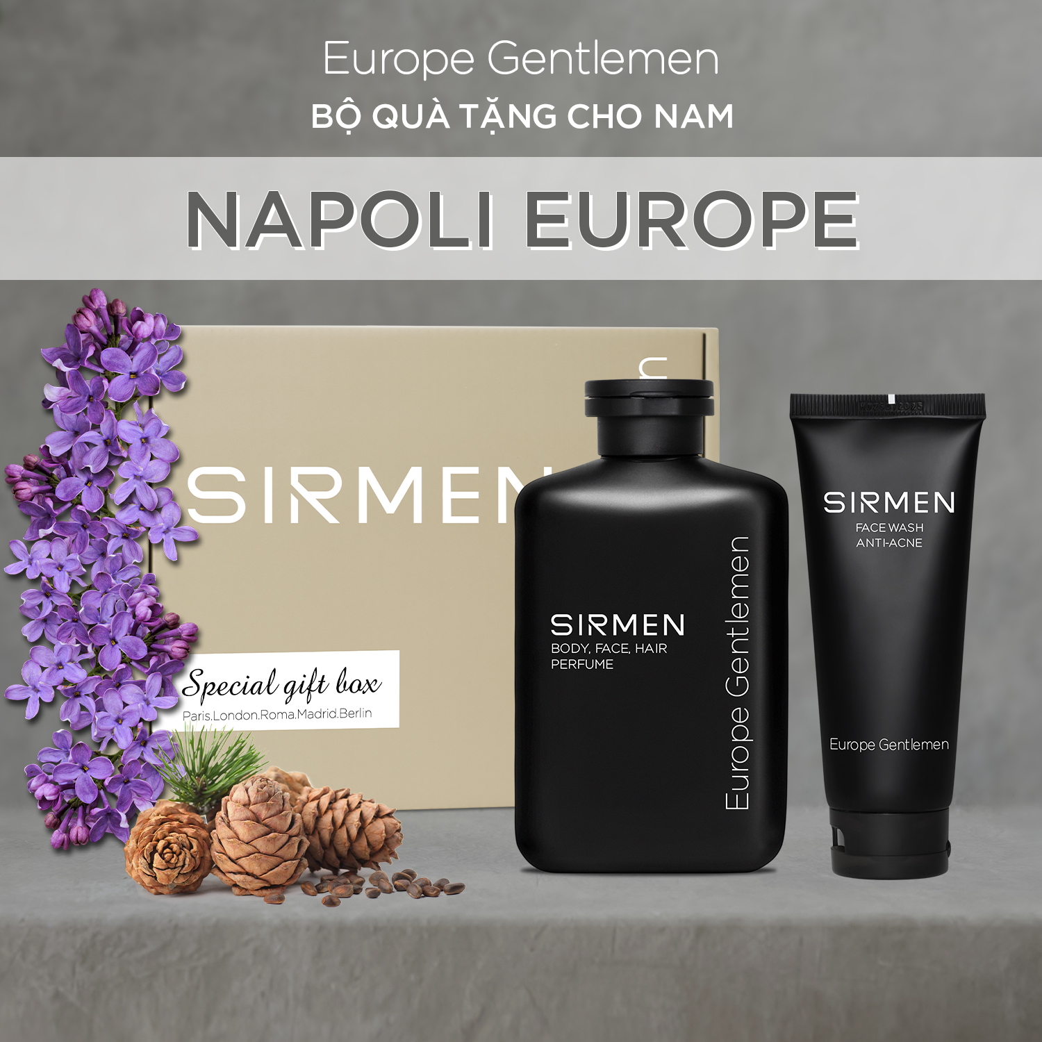 Sữa tắm 350g & Sữa rửa mặt 100g hương nước hoa châu Âu SIRMEN Europe Gentlemen cao cấp chiết xuất tự nhiên