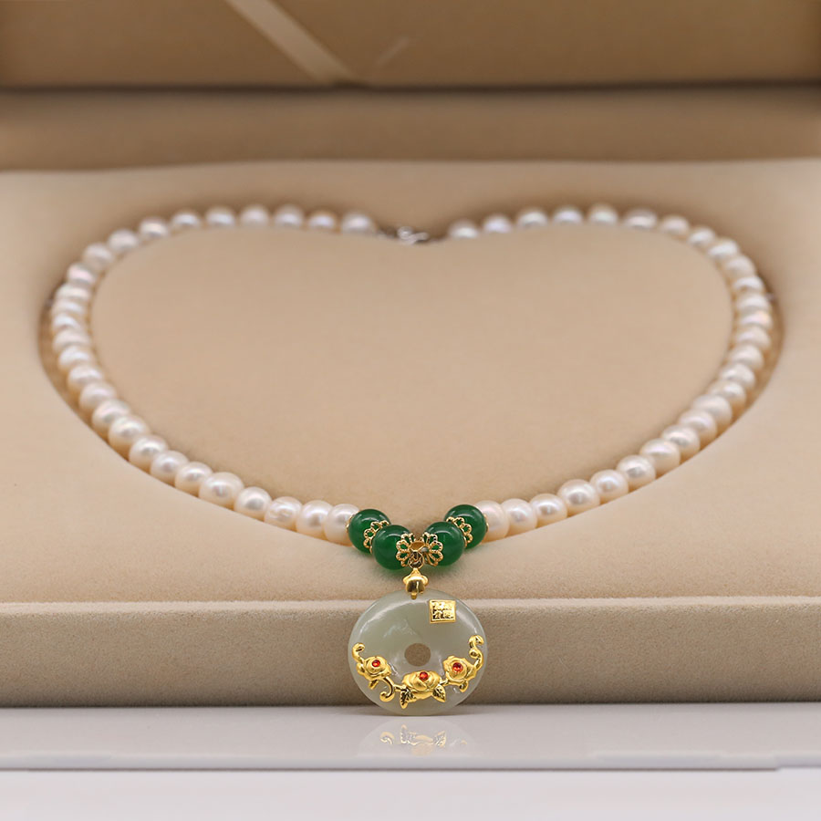 Chuỗi Ngọc Trai Đeo Cổ Đá Mã Não Xanh Phát Tài Lộc - DB1438 - Bảo Ngọc Jewelry