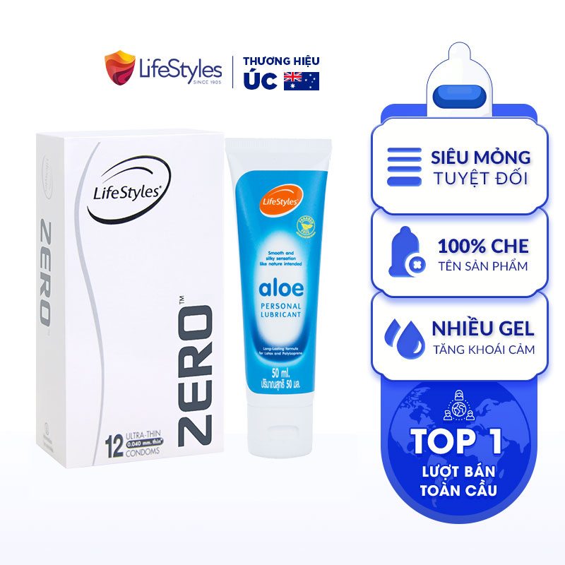 Combo Bao Cao Su LifeStyles Zero Super Thin Siêu Mỏng Hộp 12 bao + Gel Bôi Trơn Tinh Chất Lô Hội LifeStyles Aloe 50ml