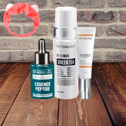 Combo Thải độc Giảm Nám, Tàn Nhang gồm Mặt nạ thải độc Detox Mask và Serum nám Essence Peptide +Tặng kem dưỡng trắng da chống nắng Body Maquillage Creme và băng đô thời trang