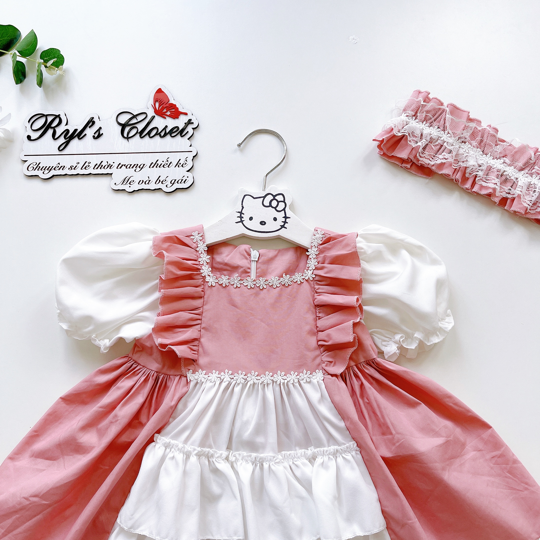 Váy Lolita bèo hồng bé gái 4 đến 17kg, Đầm bé gái chất lụa nến mềm mát