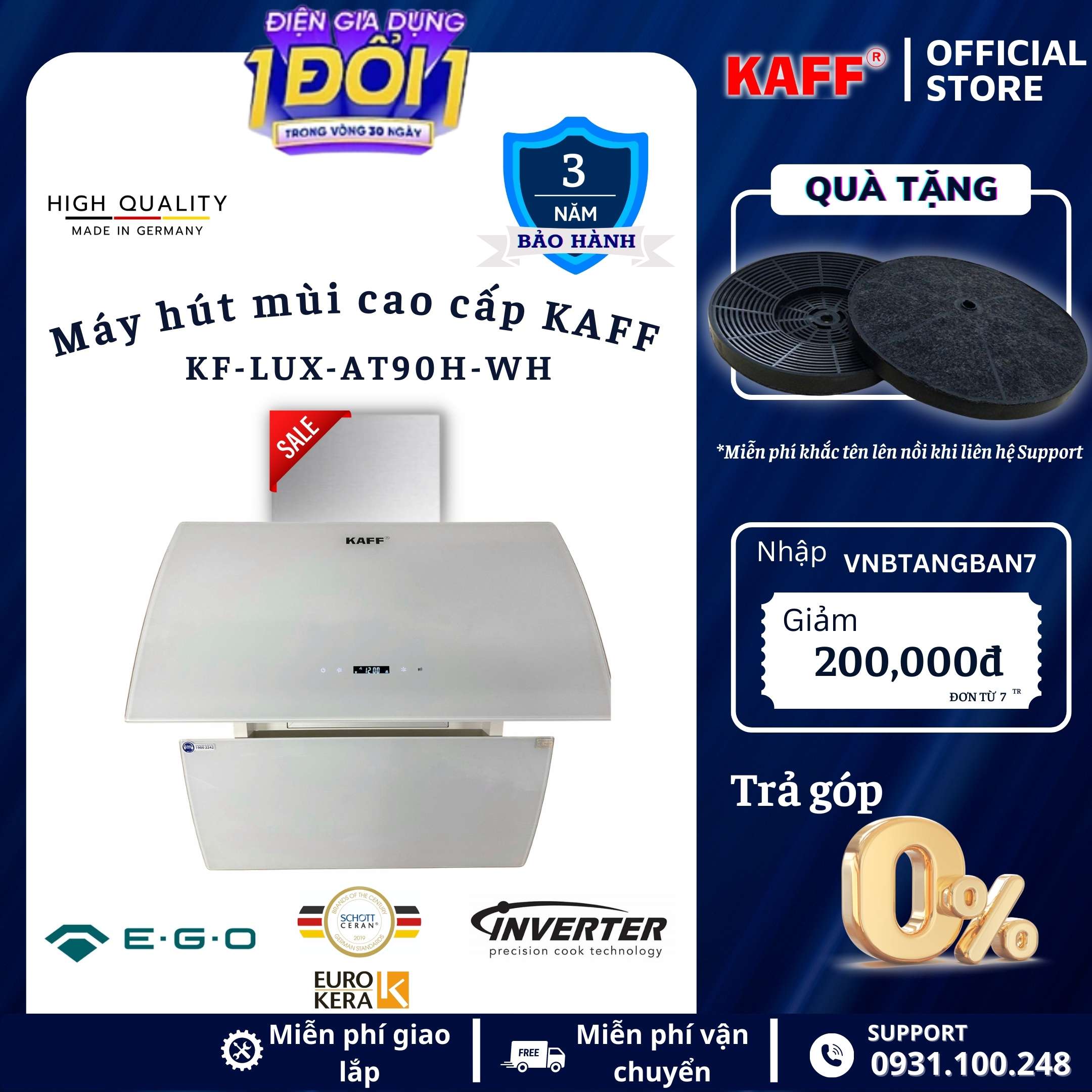 Máy hút mùi kính vát cong dạng TV cảm ứng _ điều khiển từ xa 900mm KAFF KF_LUX_AT90H_WH Tặng bộ lọc than thay thế _ Hàng Chính Hãng