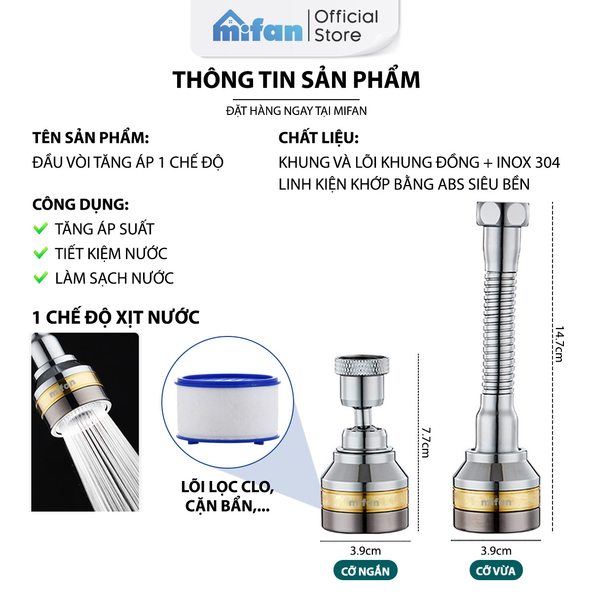 Đầu vòi rửa bát tăng áp đồng thau inox 304 cao cấp Mifan - 3 Chế độ phun cực mạnh, xoay 360 - Sử dụng cho bồn rửa chén bát