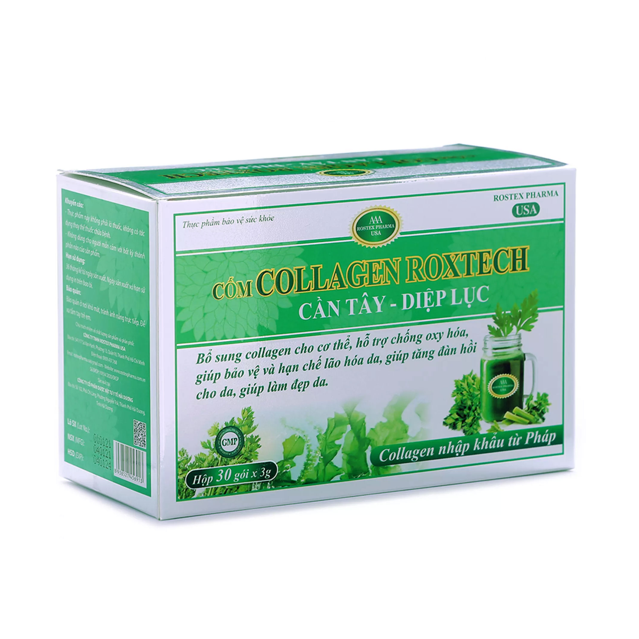 Cốm Collagen Roxtech Cần Tây Diệp Lục sáng da, chống lão hóa, mờ thâm sạm - Hộp 30 gói
