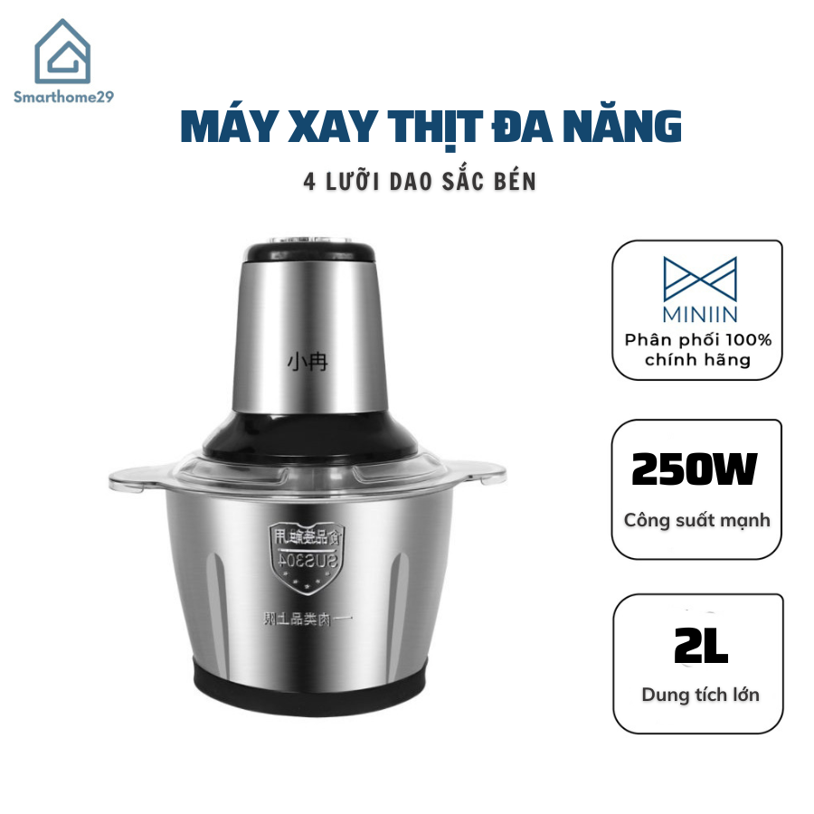 Máy Xay Thịt Cá Đa Năng Cối Inox 304 4 Lưỡi Cao Cấp, Công suất 250W - Nghiền Tỏi Ớt Rau Củ - Hàng Loại 1- Chính Hãng MINIIN