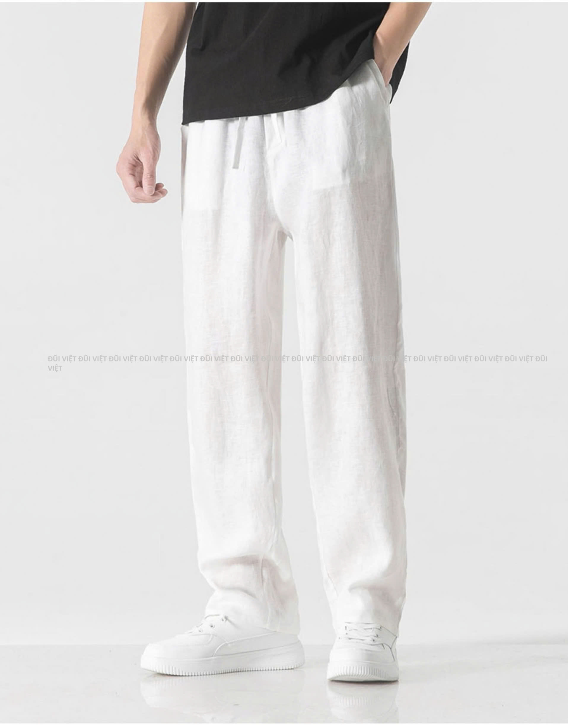 Quần nam chất linen form suông, bản ống vừa phải không quá rộng, cap chun dây rút Qd10
