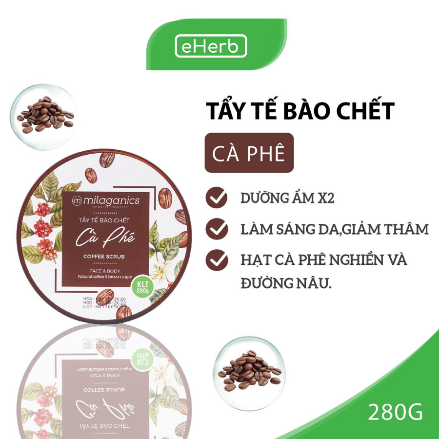 Scrub Tẩy Da Chết Body &amp; Mặt Từ Cà Phê Robusta Trắng Da, Giảm Thâm Nám MILAGANICS ( 280gr/ Hũ )