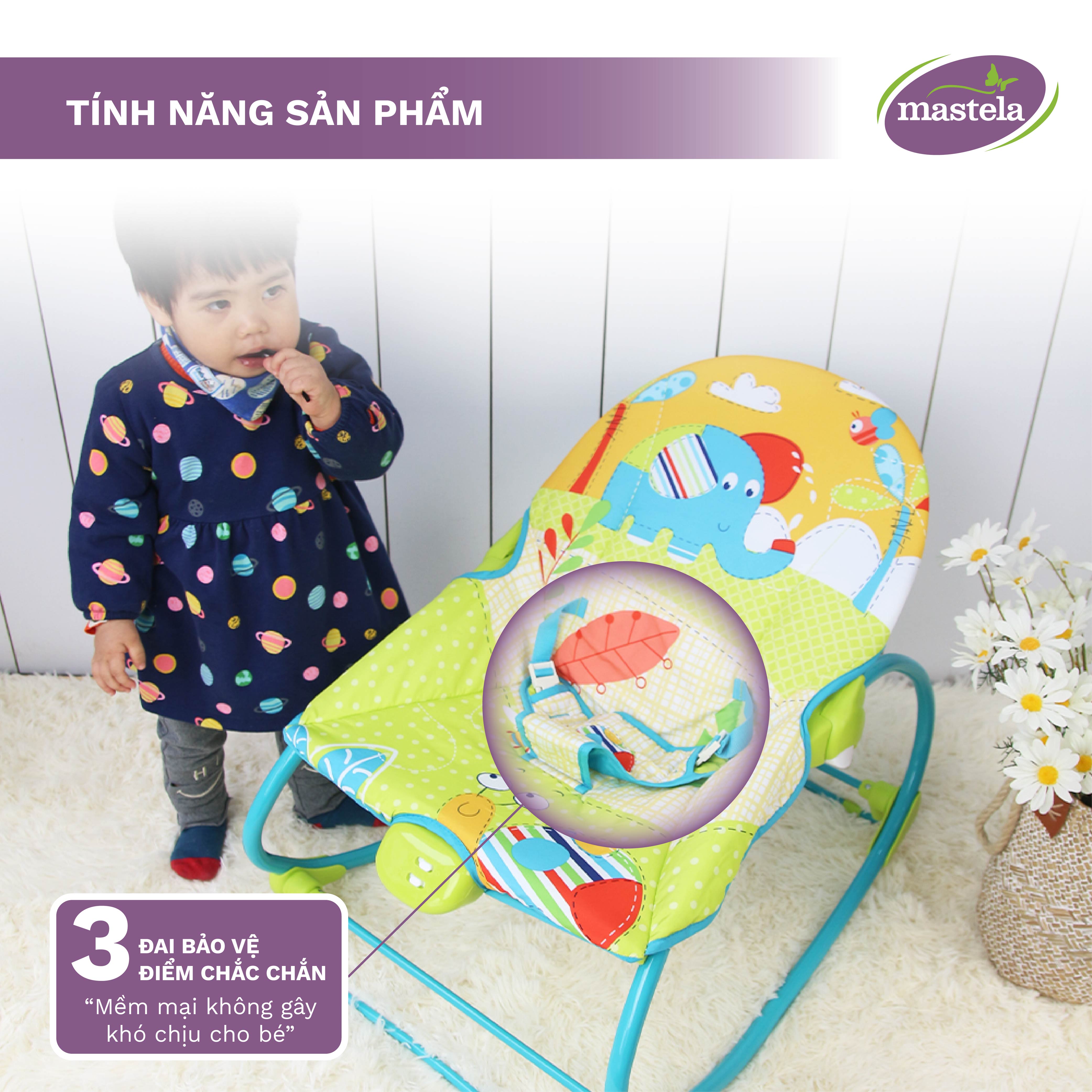 Ghế rung thư giãn kiêm bập bênh  2 trong 1 kèm 12 bản nhạc trắng ru ngủ Mastela 6922/21/20 cho bé từ sơ sinh tới 6 tuổi - tăng set yếm tam giác quàng cổ