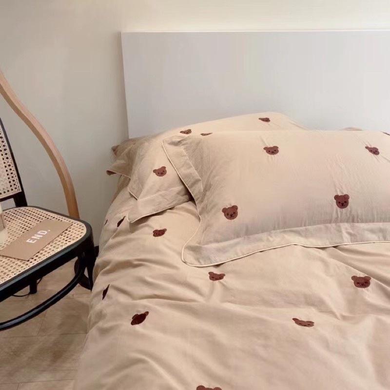Bộ Chăn Ga Gối Cotton Hữu Cơ Hàng Nhập Khẩu Cao Cấp 4 Món Gấu Teddy Nơ