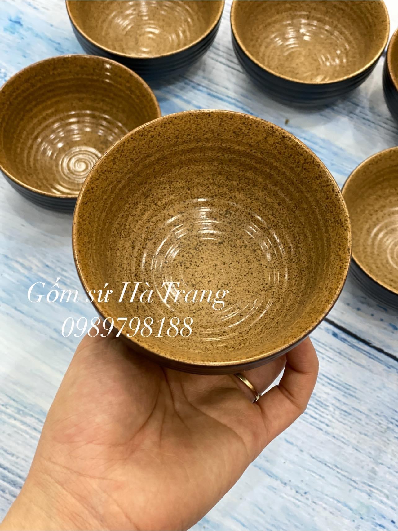 Bát cơm gốm sứ Bát Tràng cao cấp men đen lòng nâu gốm hạt tiêu phong cách Nhật