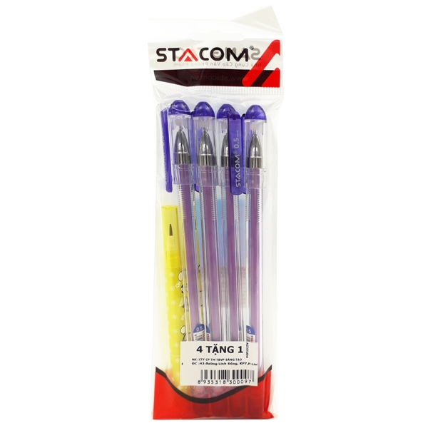 Vỉ 4 Bút Bi Mực Gel Xóa Được Nắp Đậy - 0.5mm Stacom-VGP1025_V - Mực Tím - Kèm 1 Bút Chì PC202