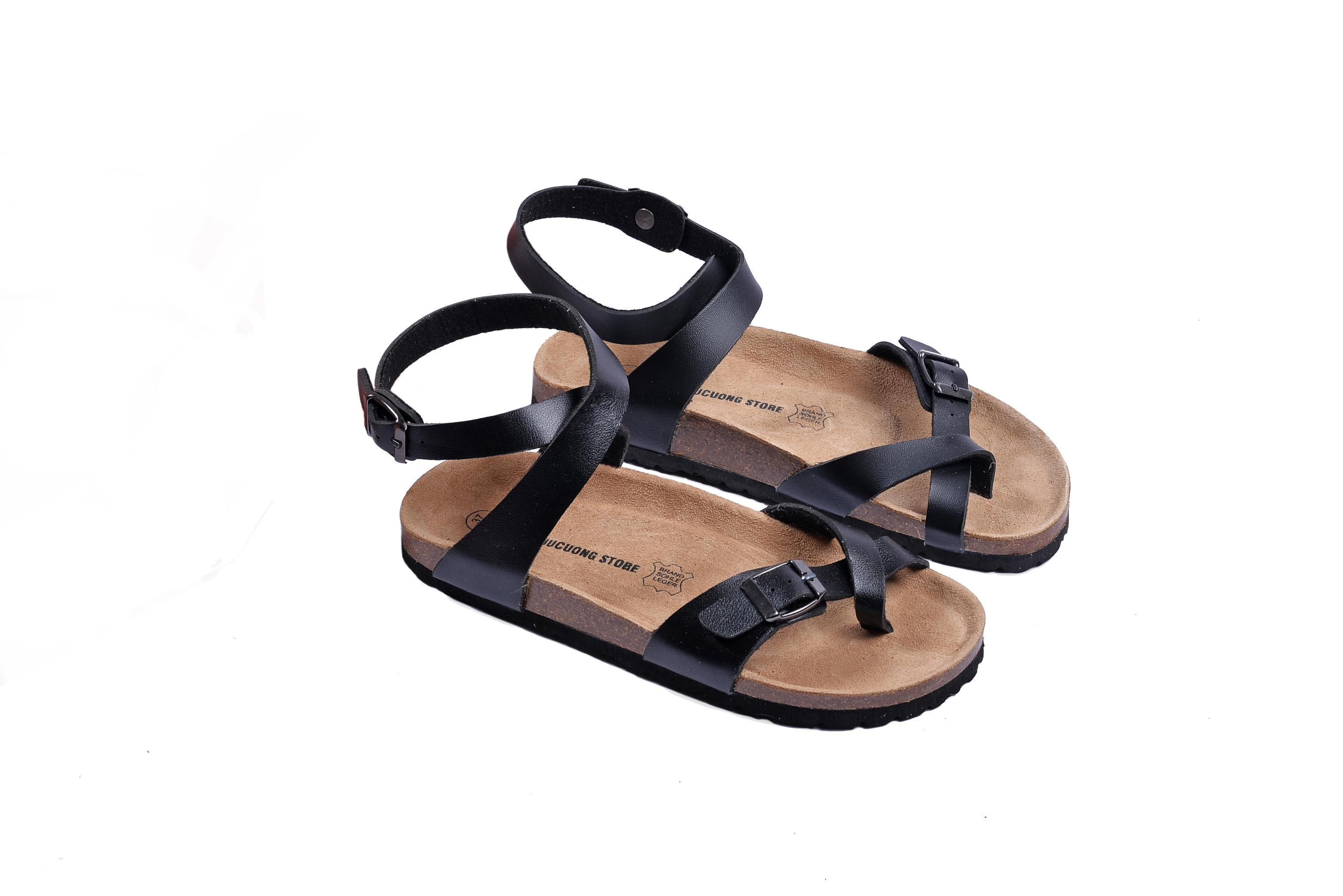 Sandal unisex xỏ ngón cổ xoắn da pu đen handmade