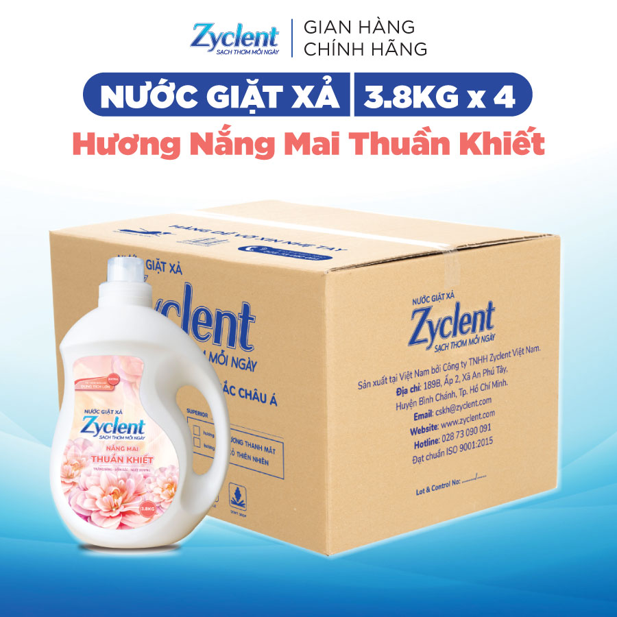 Thùng Nước Giặt Xả Zyclent Extra Hương Nắng Mai Thuần Khiết (3.8kg x 4 can)