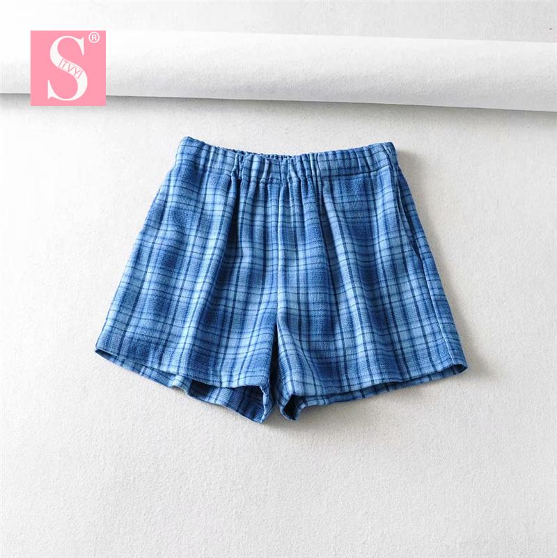 Stvy Màu Xanh Dương Kẻ Sọc Quần Short Nữ 2020 Mùa Hè Nữ Lưng Thun Cotton Quần Short Nữ