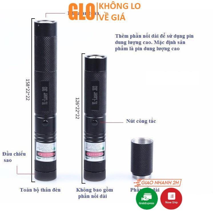 Đèn Pin Laser 303 Ánh Sáng Xanh Lá Hoặc Đỏ Chiếu Xa Cực Mạnh, Kèm Phụ Kiện Chiếu Sao Vạn Hoa và Pin Sạc