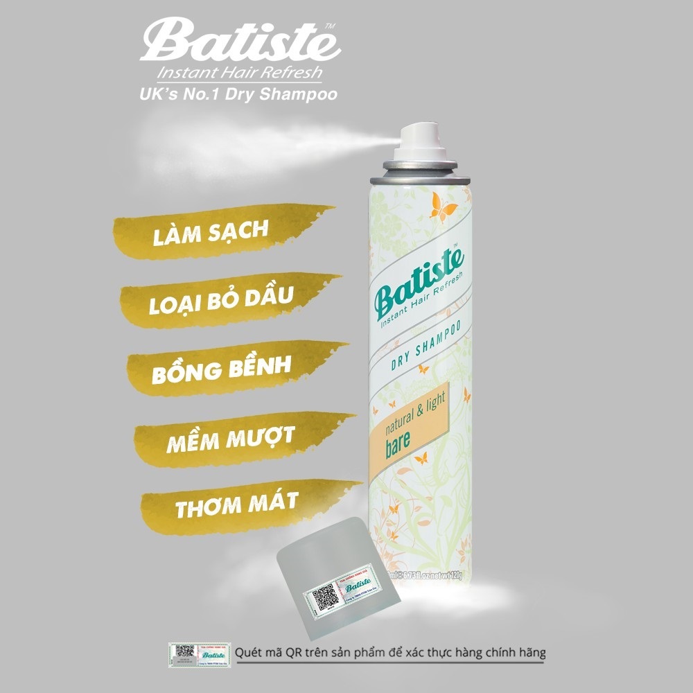 Dầu Gội Khô Batiste Hương Hoa Thiên Nhiên Dịu Nhẹ - Batiste Dry Shampoo Natural &amp; light Bare 200ml