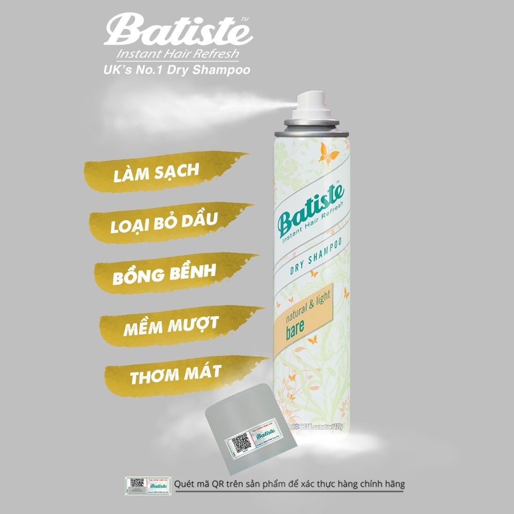 Dầu Gội Khô Batiste Hương Hoa Thiên Nhiên Dịu Nhẹ - Batiste Dry Shampoo Natural & light Bare 200ml