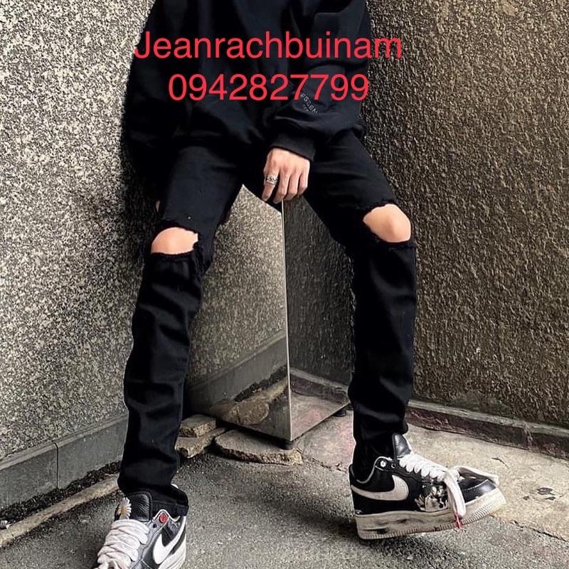Quần Jeans Skinny Đen Rách To Ngang Gối