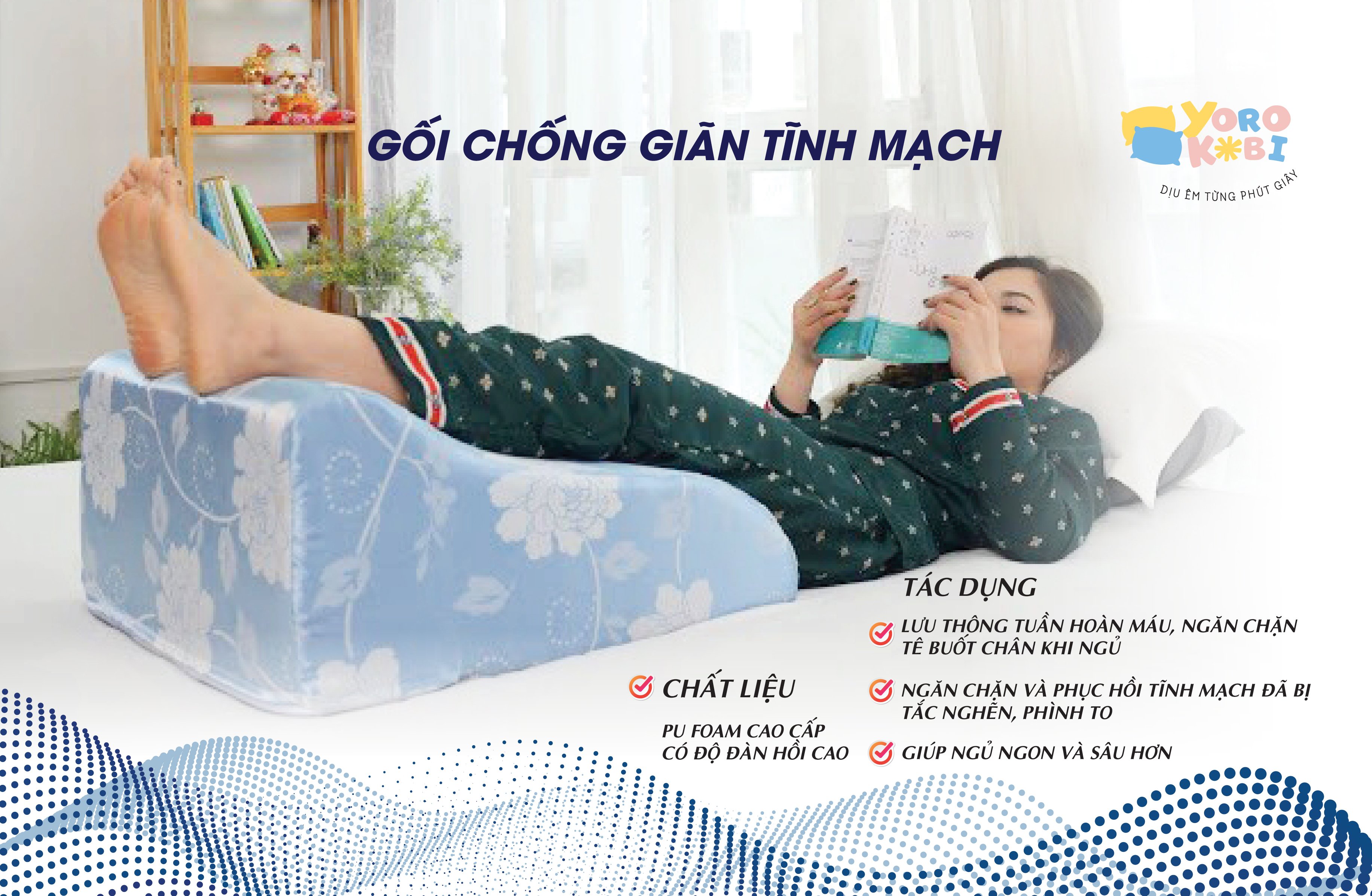 Gối kê chân chống giãn tĩnh mạch YOROKOBI cao 25cm dành cho người đau nhức chân, tiểu đường, tê bì, vọp bẻ, kiến bò, mẹ bầu phù chân tích nước - hàng thương hiệu - MÀU THUN VÀNG HOA NỔI