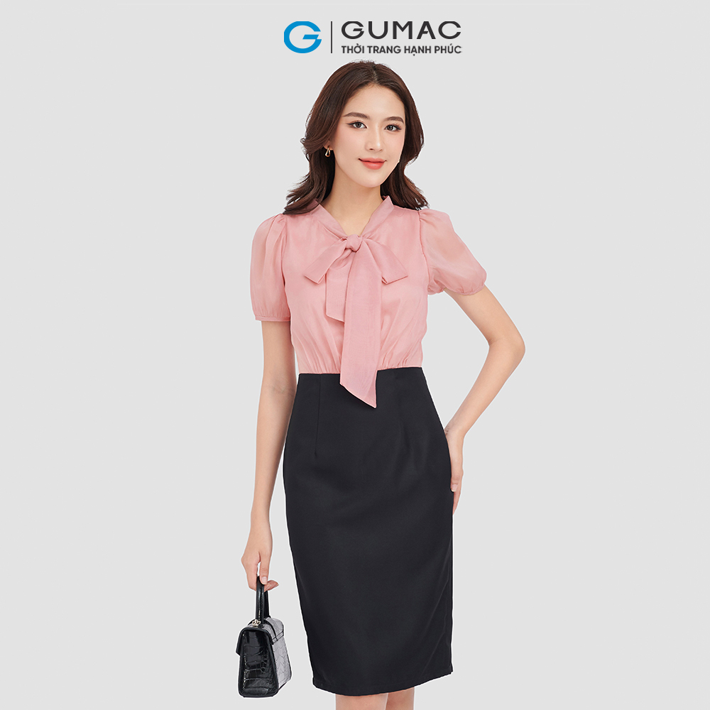 Đầm form U GUMAC DC09071 cổ nơ nhún eo thanh lịch