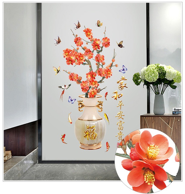 Decal Bình hoa đào 3D ngày tết Amy DH098 (162 x 92 cm)