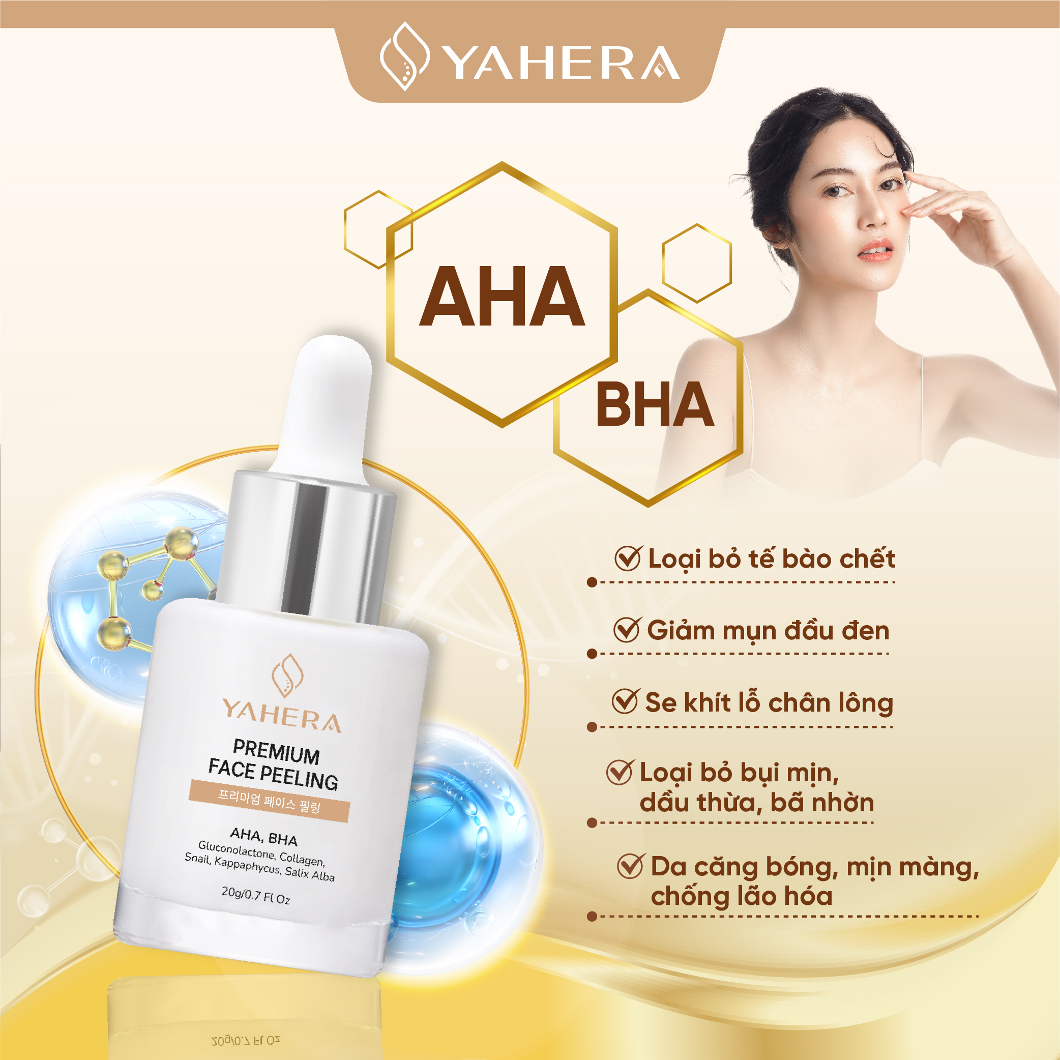 Tẩy tế bào chết hóa học cao cấp YAHERA Premium Face Peeling BHA2% AHA7% loại bỏ tế bào chết mụn đầu đen se khít lỗ chân lông 20g