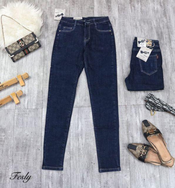 Quần Jeans Nữ Xanh Đậm Trơn Lưng Cao