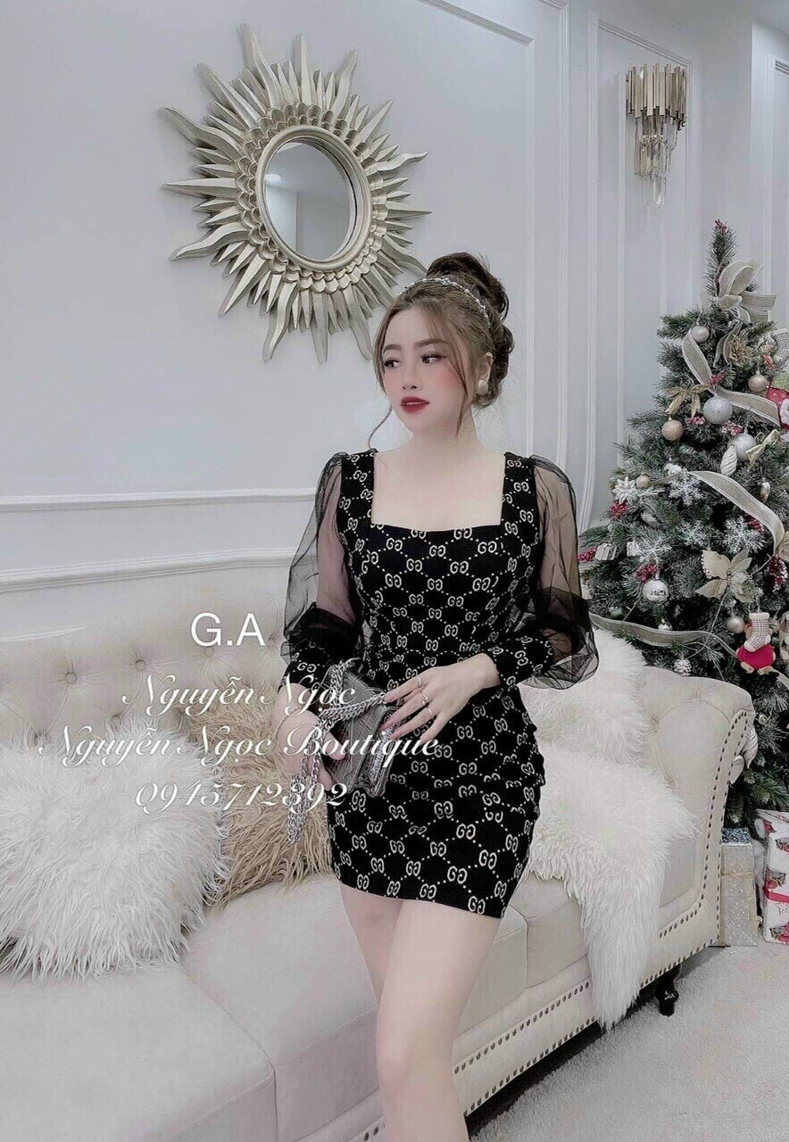 Đầm hoạ tiết có lưới phối mút nữ tính