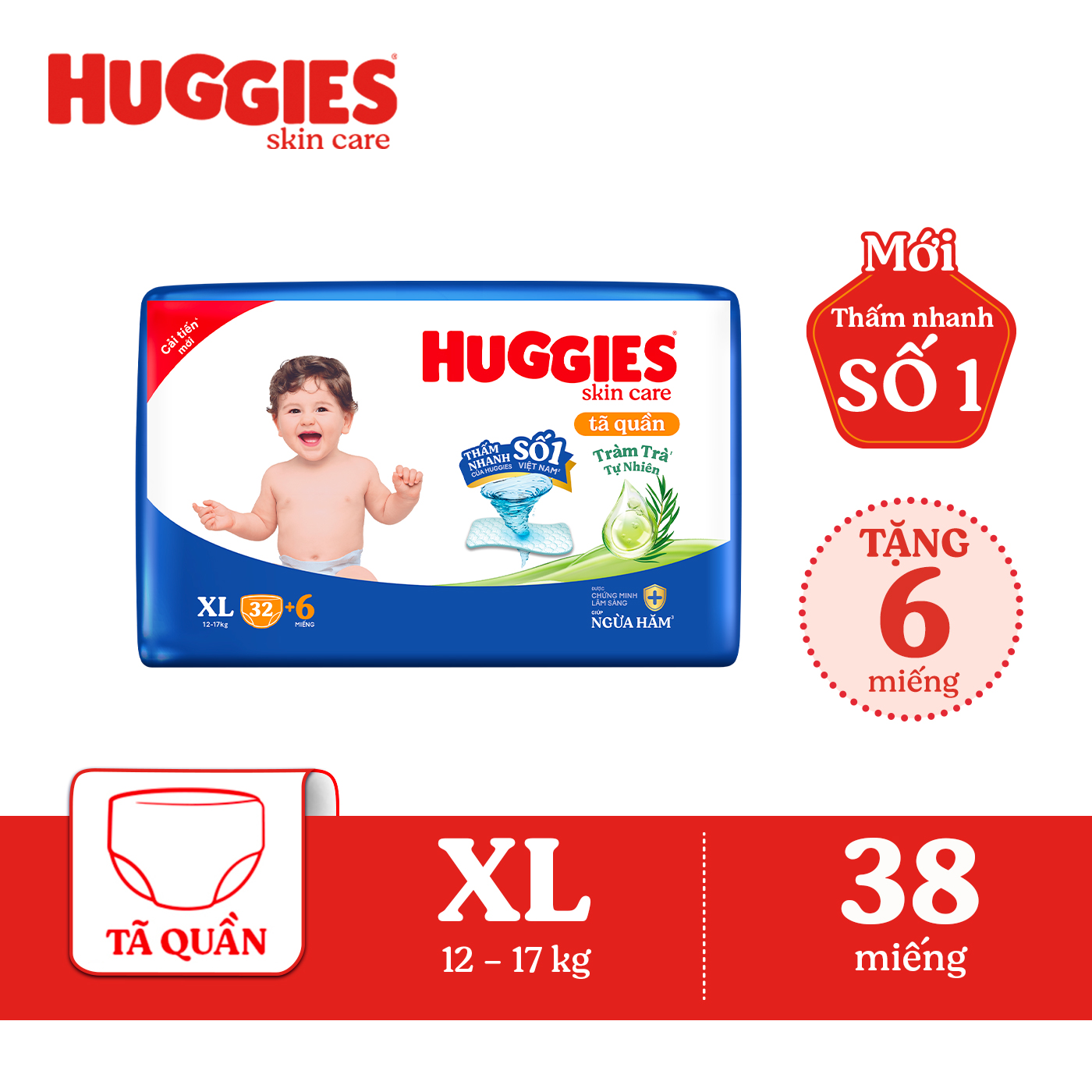 Tã/bỉm quần Huggies Skin Care Jumbo XL32+6 miếng với tràm trà dịu da