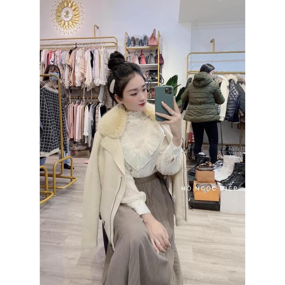 ÁO SƠ MI CỔ BÈO PHA REN V DÀI TAY