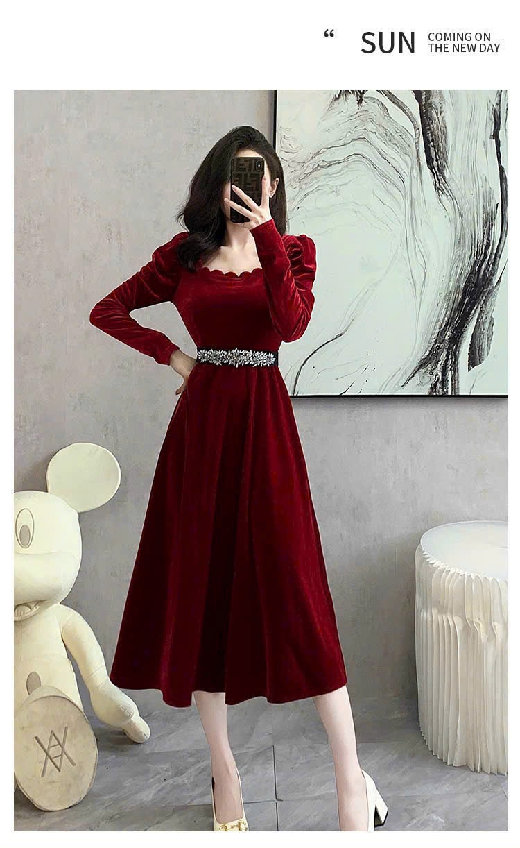 ĐẦM NHUNG DÁNG DÀI KÈM NỊT ĐÁ CAO CẤP D3601 HÀNG NHẬP
