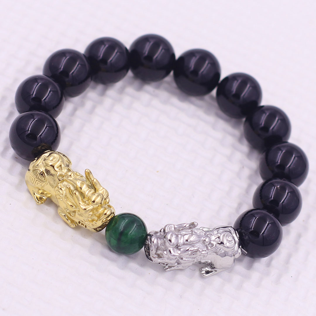 Vòng chuỗi đeo tay đa thạch anh đen 12 ly charm tỳ hưu đôi inox trắng và vàng, vòng chuỗi phong thủy, charm tỳ hưu, vòng tay hạt chuỗi