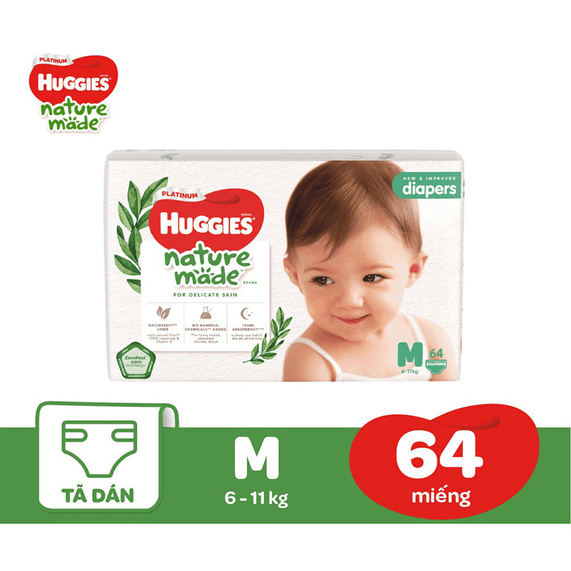 Tã/Bỉm dán siêu cao cấp Huggies Platinum Nature Made size M64 (64 miếng)