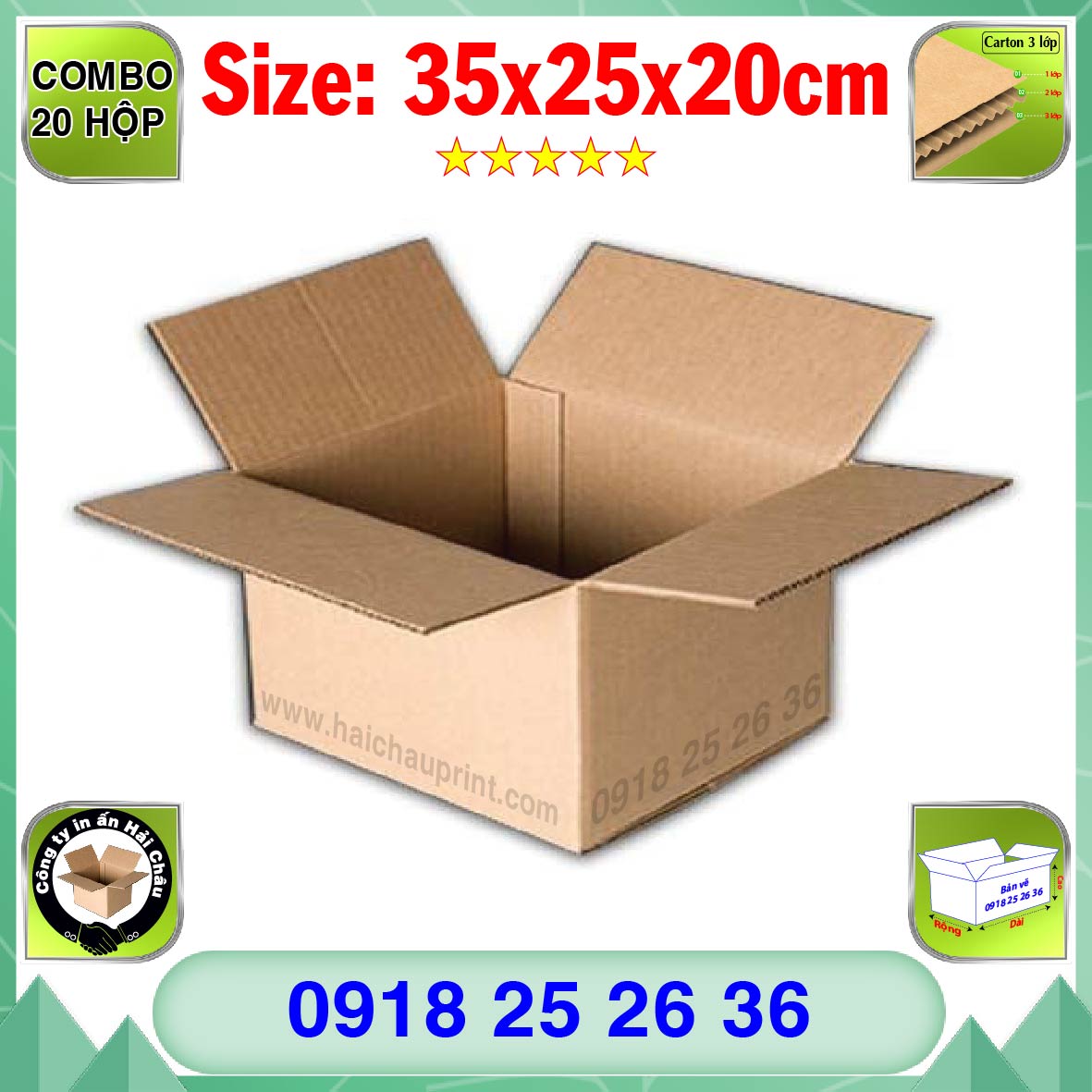 20 Hộp Carton, KT: 35x25x20cm, Hộp carton, Thùng carton, Hộp đóng hàng, Thùng đóng hàng, Thùng carton 3 lớp