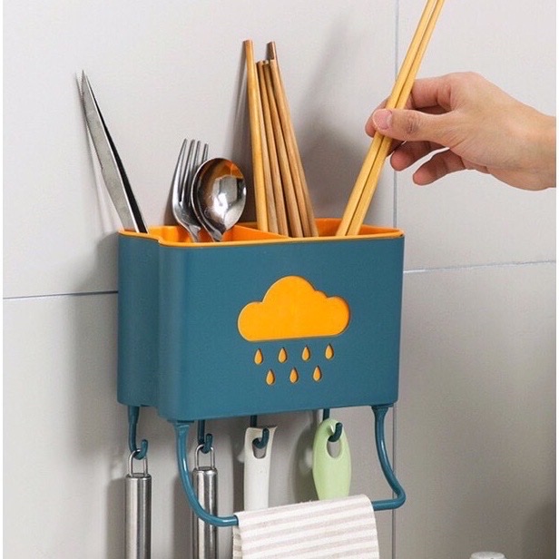 Hộp đựng đũa muỗng treo tường kèm móc treo khăn và dụng cụ bếp, ống đựng đũa muỗng hình đám mây