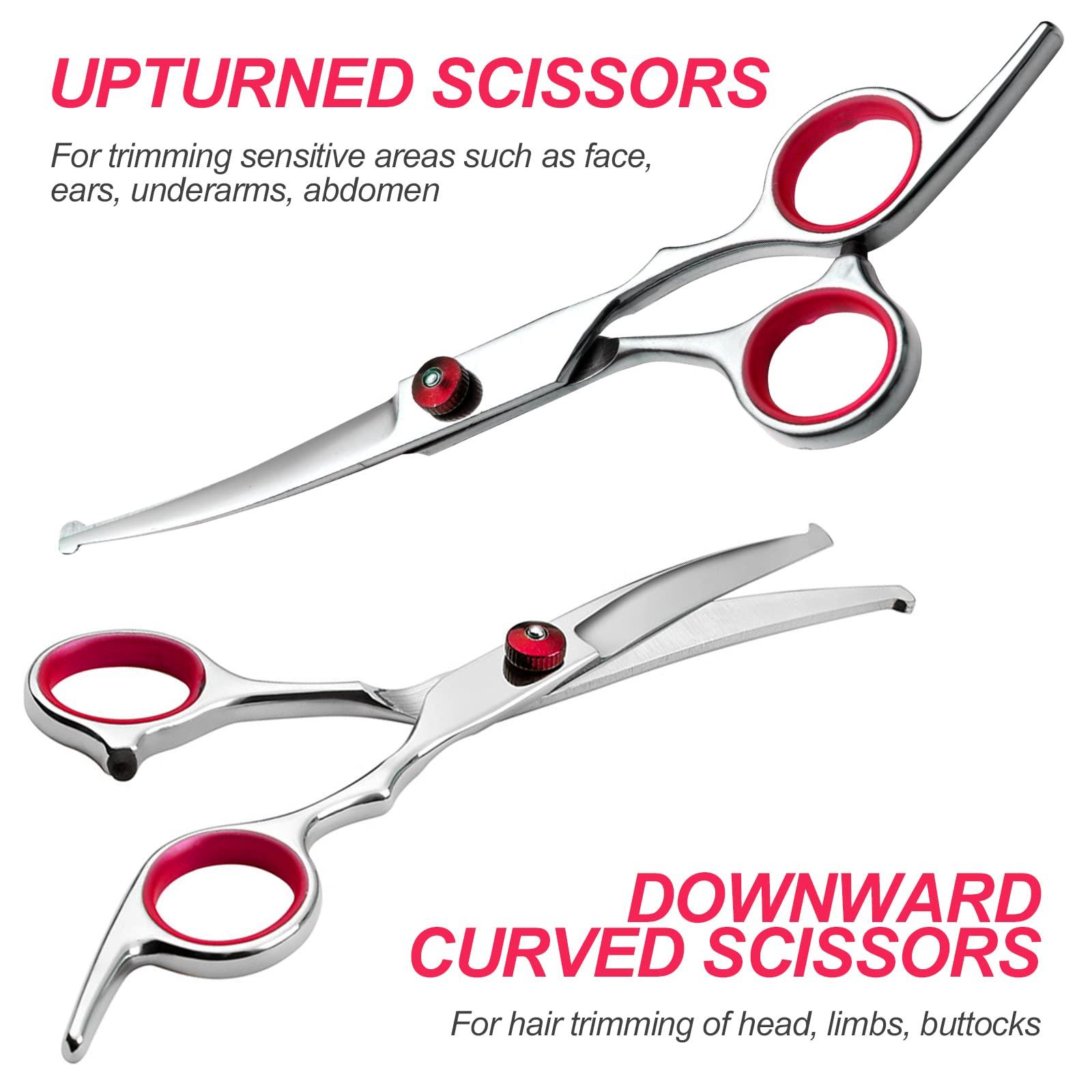 Kéo cắt chải chuốt chó, bộ dụng cụ chải chuốt cho chó bằng thép không gỉ với các mẹo an toàn tròn, bao gồm kéo sứt mẻ, kéo cong, kéo thẳng, lược chải chuốt, lược chải chuốt, lược