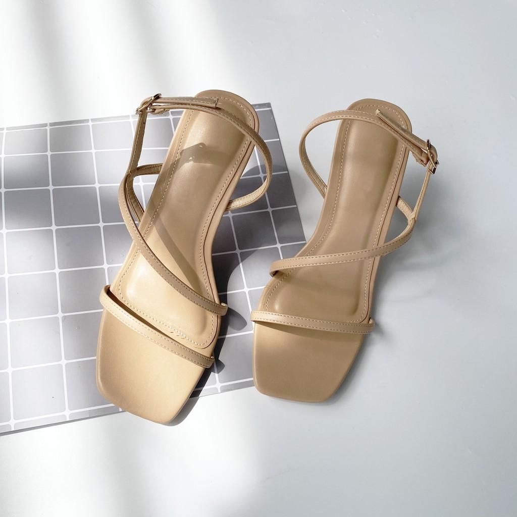 Giày sandal cao gót HISHOO mũi vuông phối dây cao 7cm màu nude S165