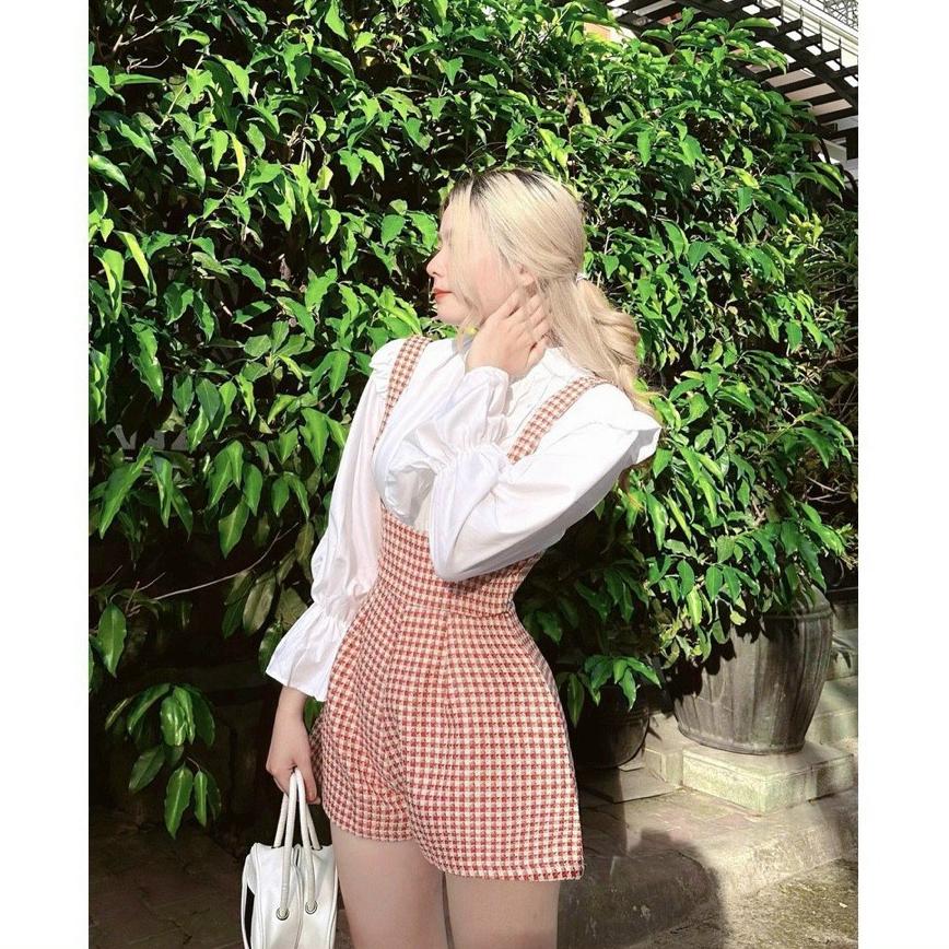 Jumpsuit dạ caro kèm Áo sơmi xếp ly tay bèo siêu xinh
