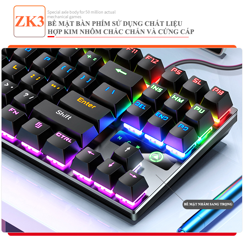 Bàn phím cơ gaming blue swtich YINDIAO ZK3 với đèn led RGB nhiều màu sắc rực rỡ - Hàng Chính Hãng