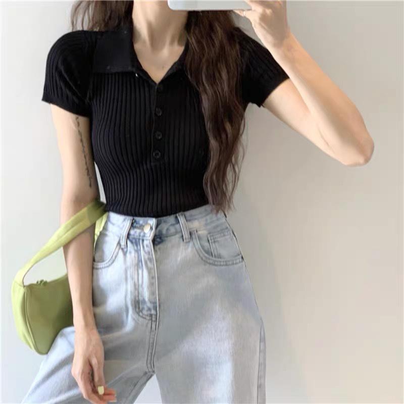 Áo thun polo len dệt kim nữ tay ngắn cổ đức phong cách Hàn Quốc trẻ trung