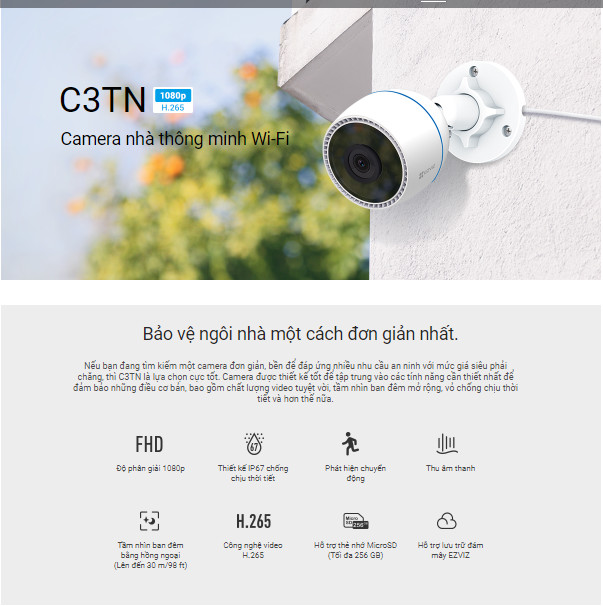 Camera WI-FI EZVIZ C3TN 2MP, Ngoài Trời, Không/Có Màu Ban Đêm, IP67 Chống Nước--Hàng Chính Hãng