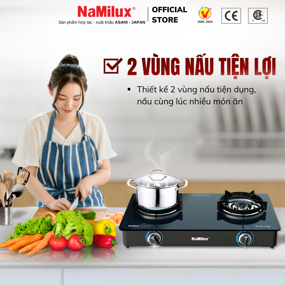 Bếp Gas Đôi Mặt Kính Cao Cấp NaMilux NH-DL3416PG/DL2461PG - Công Suất 2.8 kW/giờ/lò phải - Kiềng Bếp Tráng Men -Hàng Chính Hãng