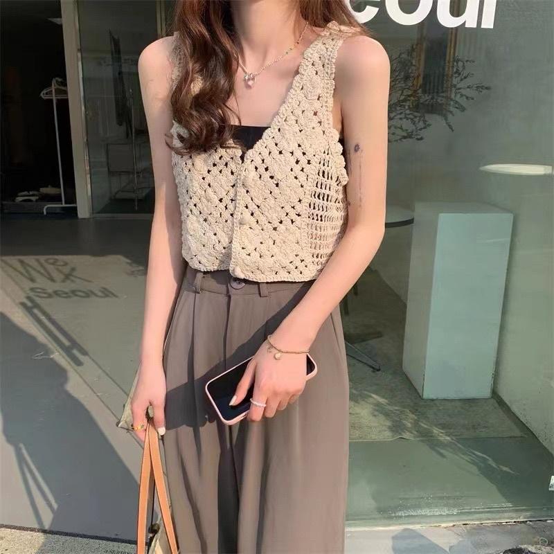 Áo 2 dây sợi móc cài khuy cổ tim dáng ngắn croptop